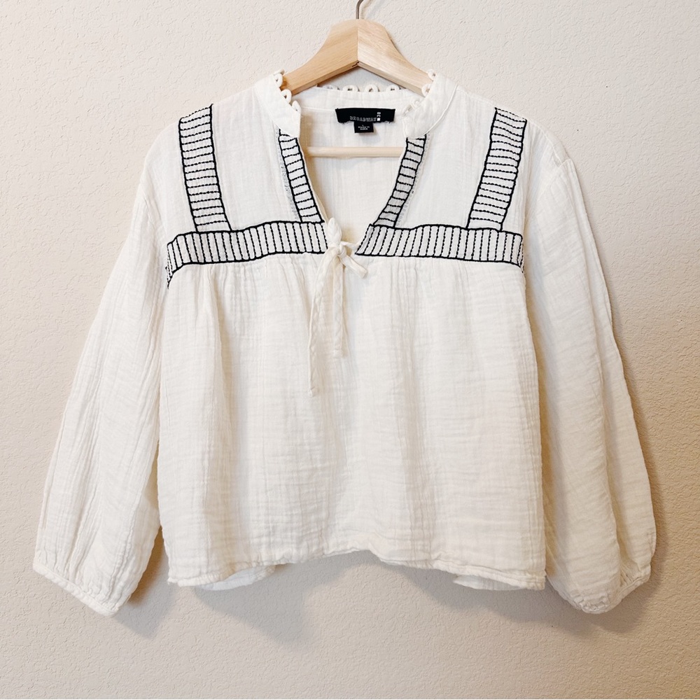 Broadway 38 100% Cotton Peasant Tie Front Blouse
